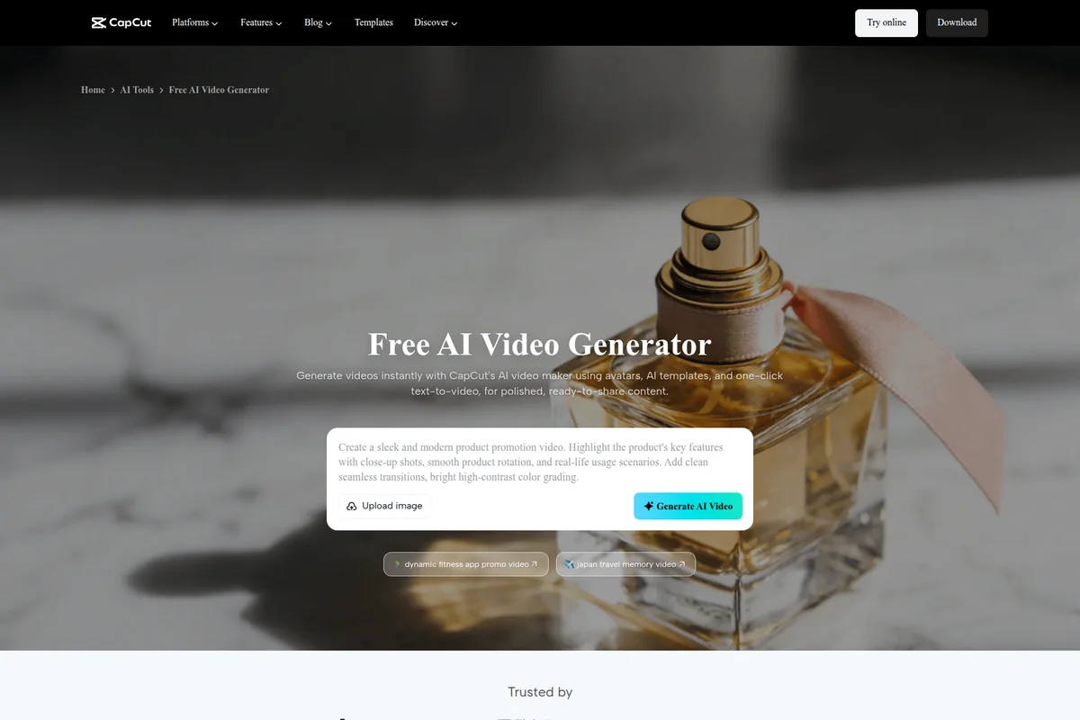 CapCut AI Video Generator workspace showing options to upload an image and generate a video with a clean, modern interface.