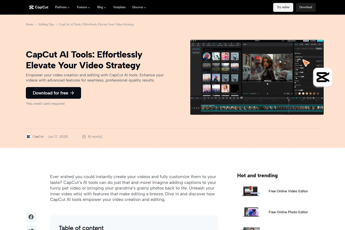 CapCut AI Tools workspace showing video editing with AI retouching features in a dark-mode interface.