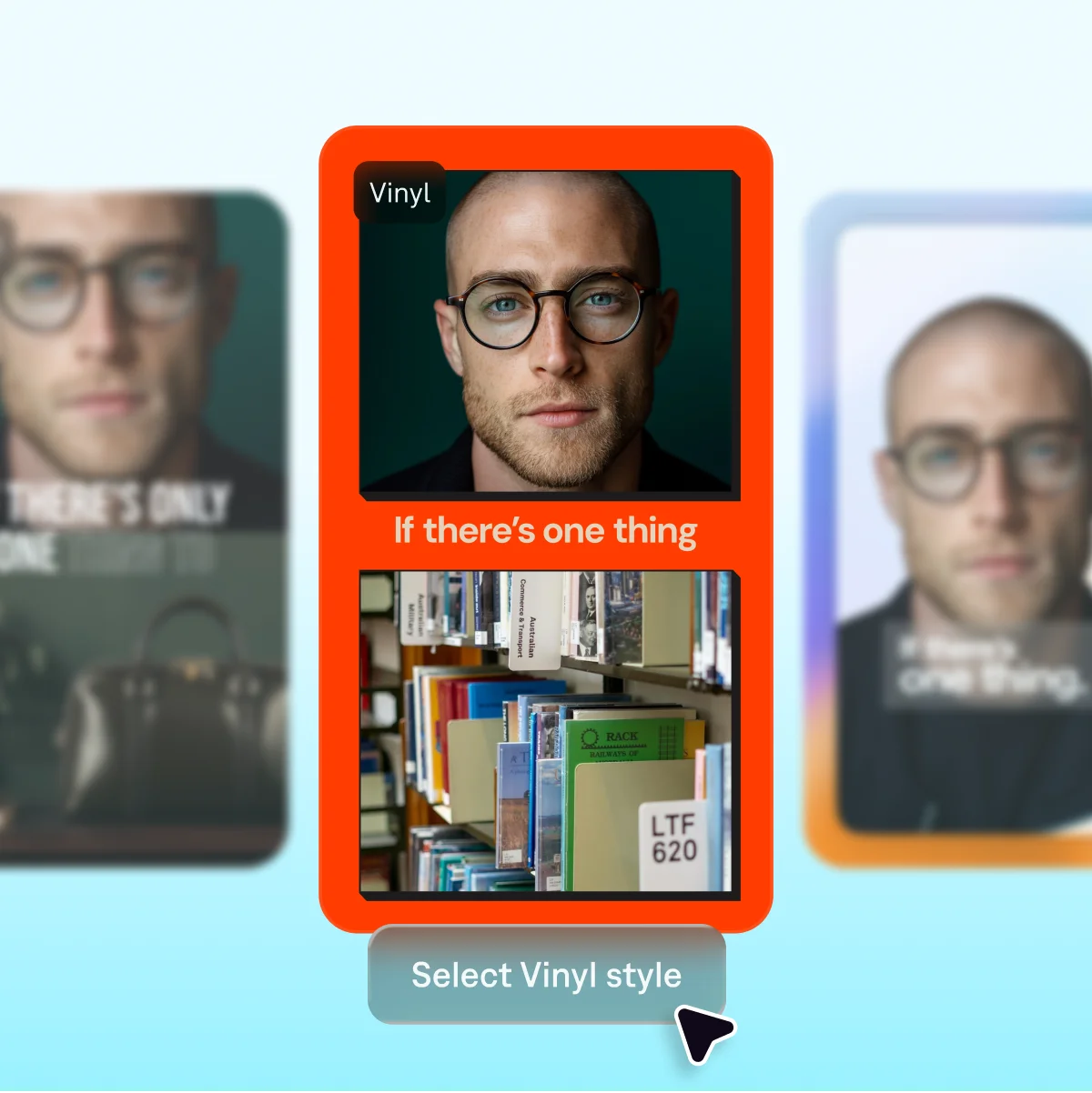 Captions tool showing 'Vinyl' style preview with a person wearing glasses and a bookshelf, demonstrating visual customization options.