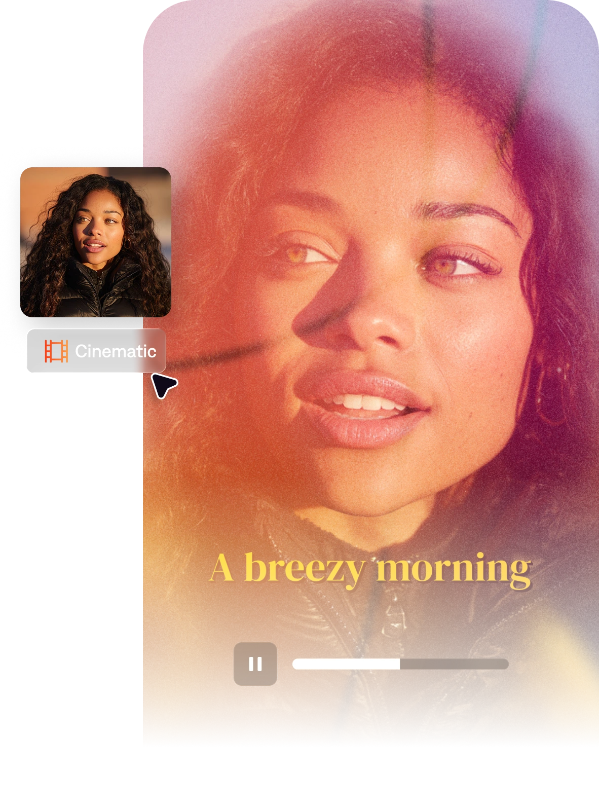 Video editor feature deep-dive showing a 'Cinematic' effect applied to a portrait with vibrant, warm tones.