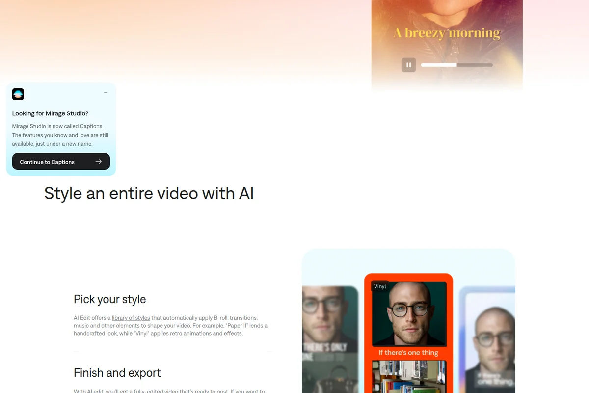 Captions automatic video editor page showcasing AI video styling options and rebrand notification in a modern, clean UI.