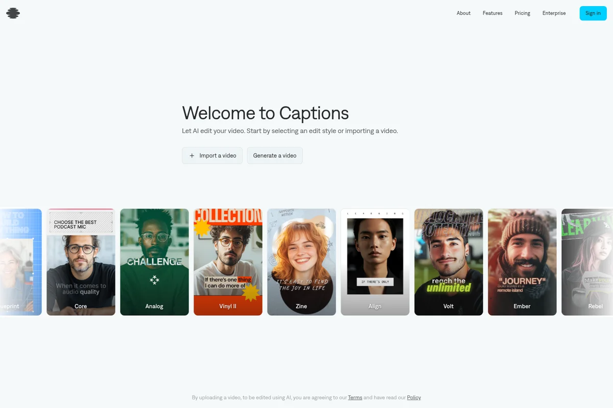 Captions homepage showcasing AI video editing styles with a clean, modern interface and video import options.