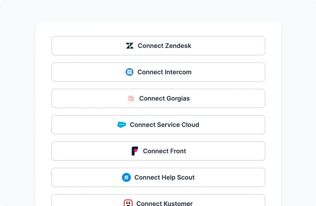 Cardina integration panel showing buttons to connect with various customer support platforms like Zendesk and Intercom, presented in a clean white interface.