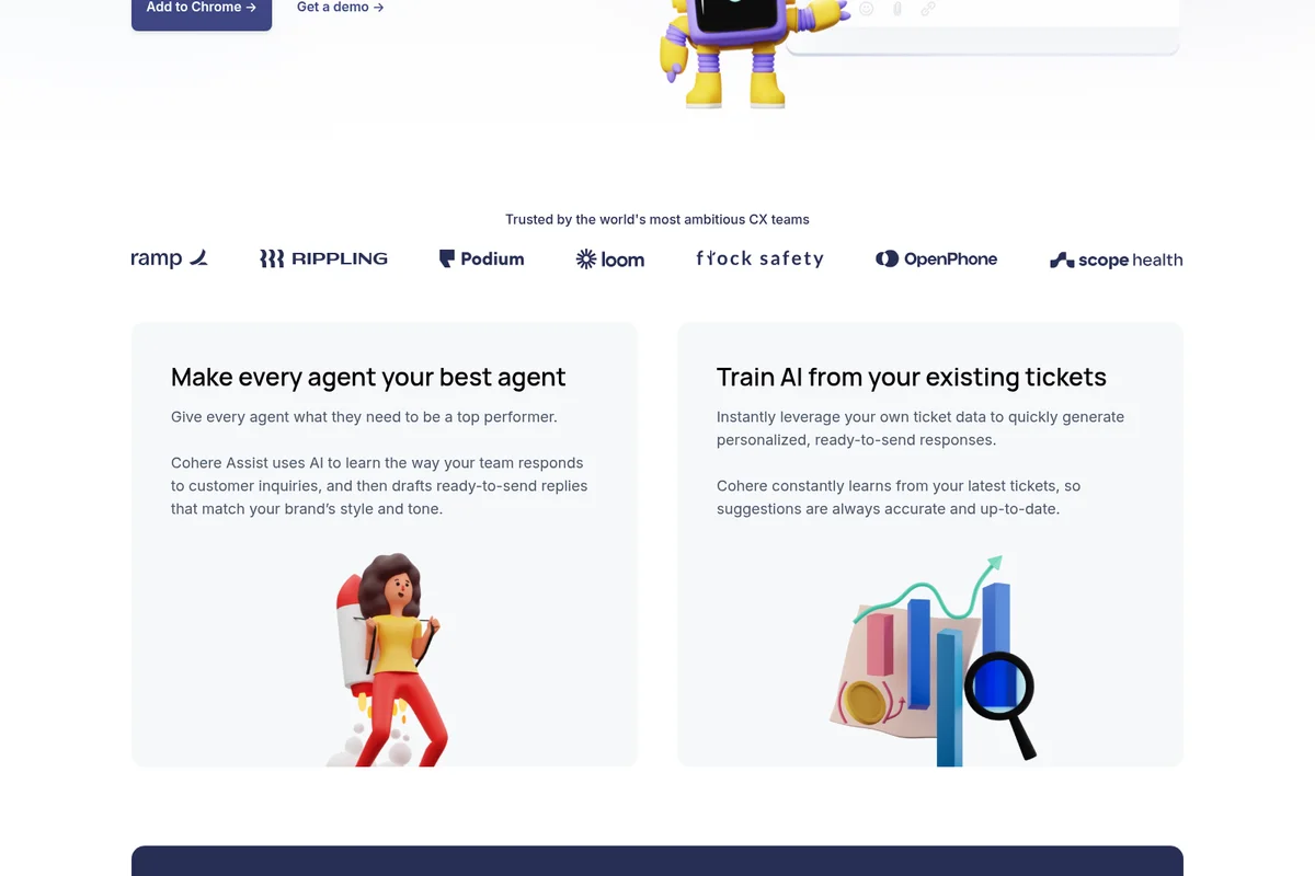 Cohere Assist features page detailing agent productivity and AI training with custom 3D illustrations and a modern web interface.