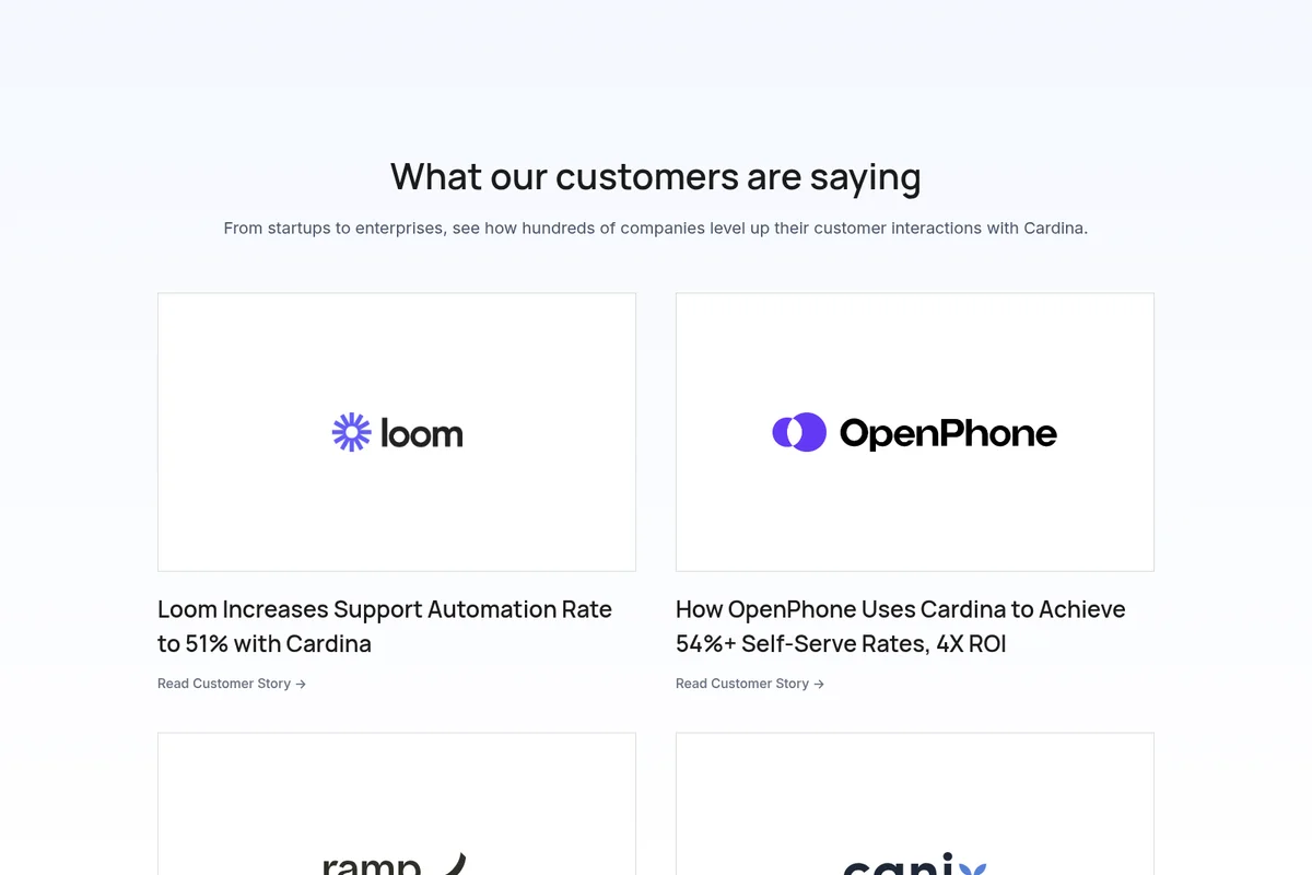 Cardina customer stories featuring logos of Loom and OpenPhone and their success metrics in a clean, card-based layout.