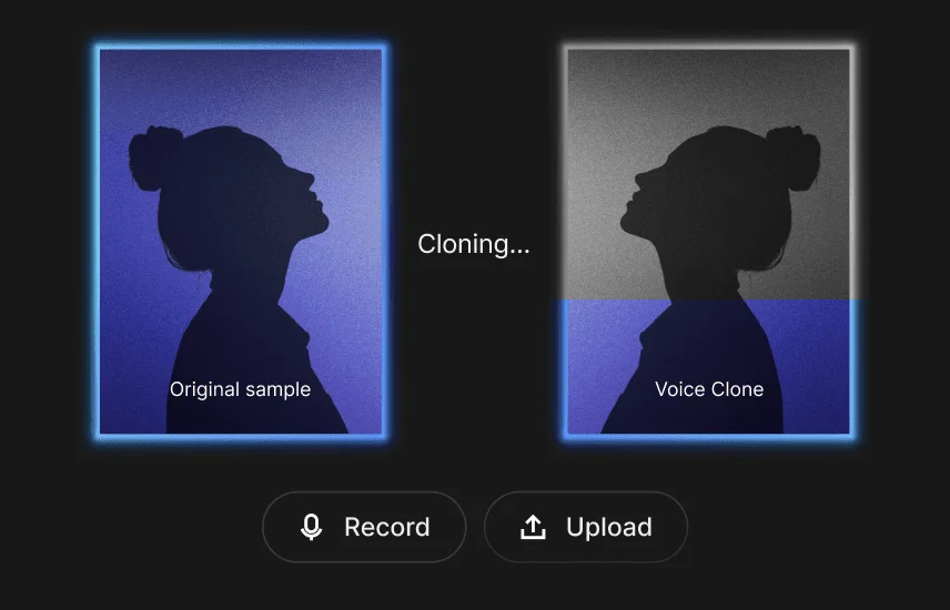 Cartesia voice cloning feature demonstrating the creation of a voice clone from an original audio sample within a dark UI, featuring a progress animation.