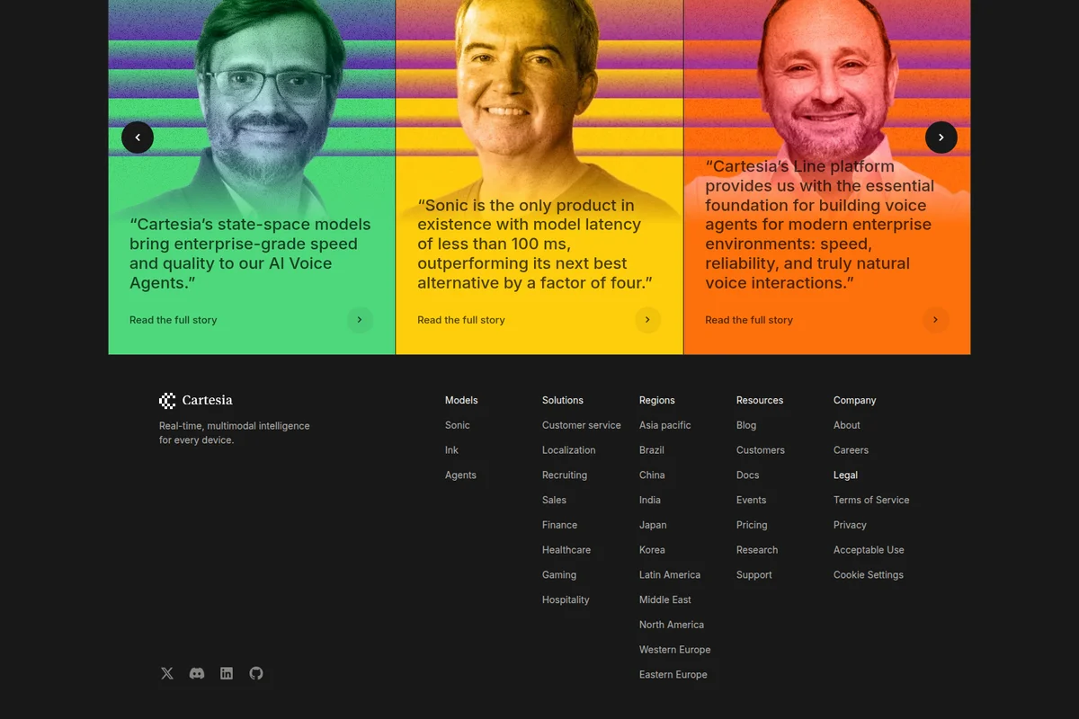 Cartesia product feature showcase with user testimonials for Sonic and Line platforms on a dark-themed webpage