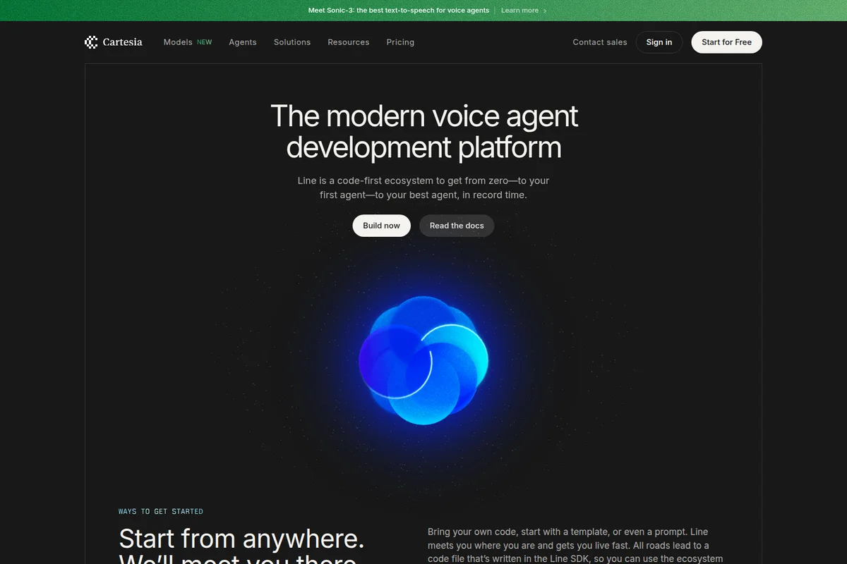 Cartesia landing page hero showing a modern voice agent development platform with a glowing blue abstract graphic on a dark-mode interface.