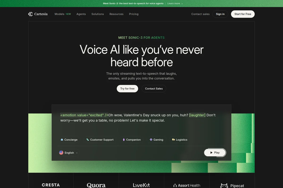 Cartesia homepage showcasing an interactive text-to-speech demo with emotion and laughter tags in a modern dark-mode interface.
