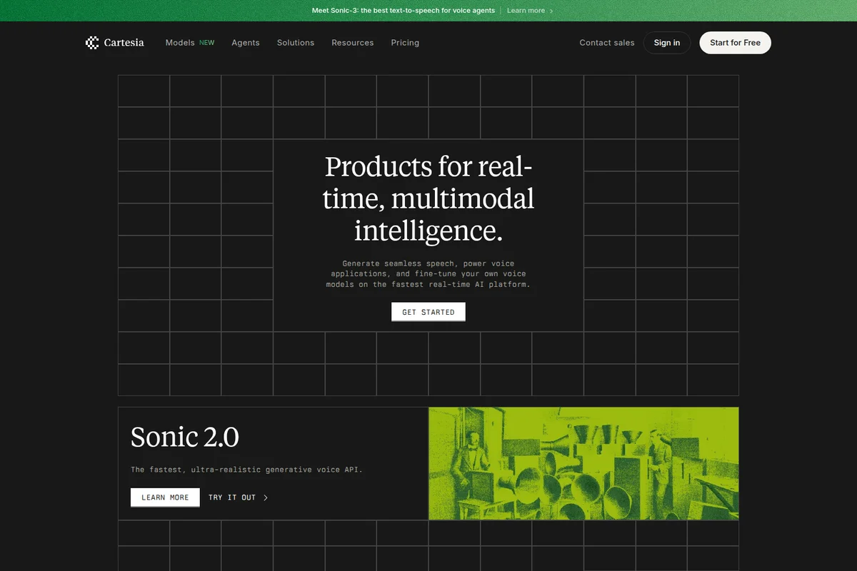 Cartesia homepage introducing products for real-time, multimodal intelligence with a dark grid background.