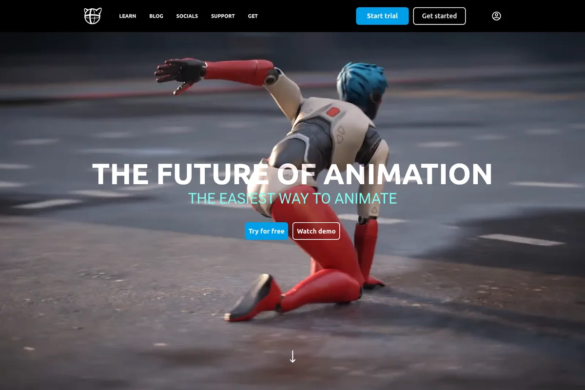 Cascadeur homepage hero showing a dynamic 3D animated character in a crouch pose on an asphalt surface with a modern dark theme interface.