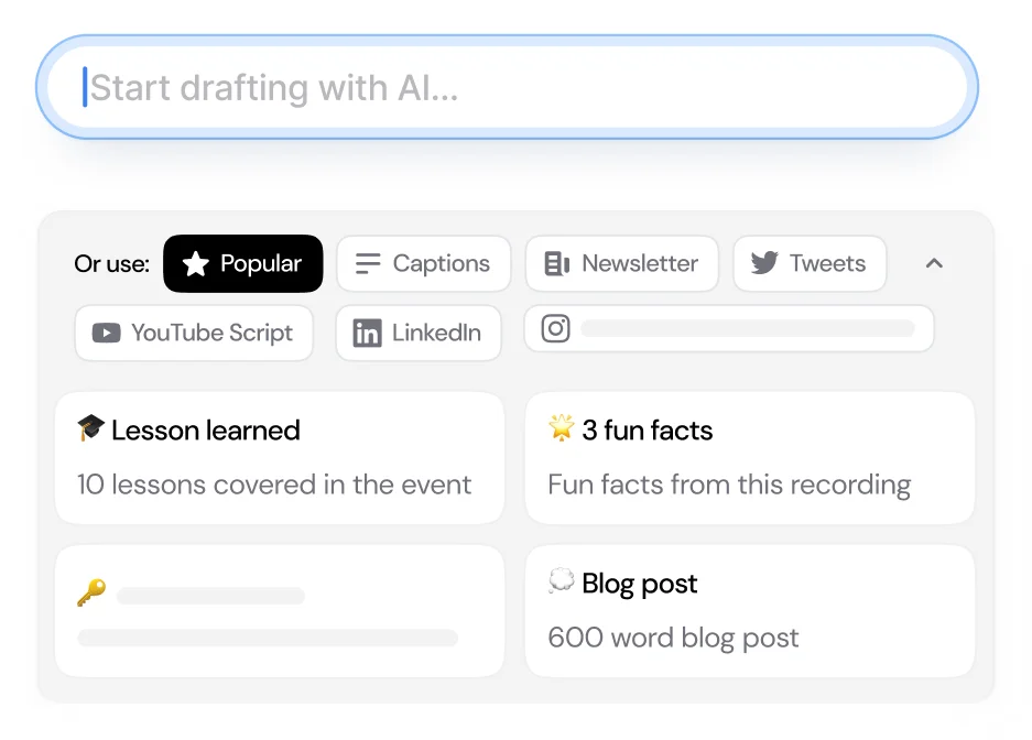 Castmagic AI workspace showing a content drafting input field and various AI template prompts like 'Lesson learned' and 'Blog post' in a clean light interface.