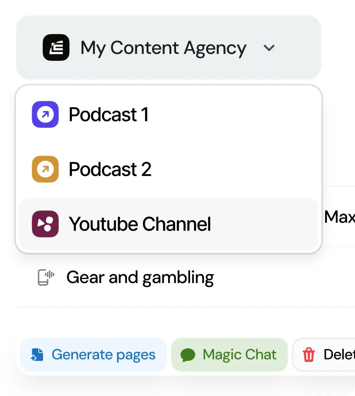 Castmagic workspace UI showing selection of 'Youtube Channel' from content sources with a clean, modern interface.