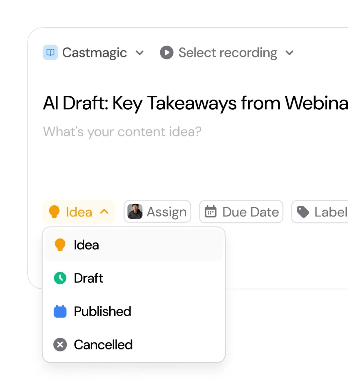 Castmagic workspace UI showing content idea creation and status management with a clean light theme.