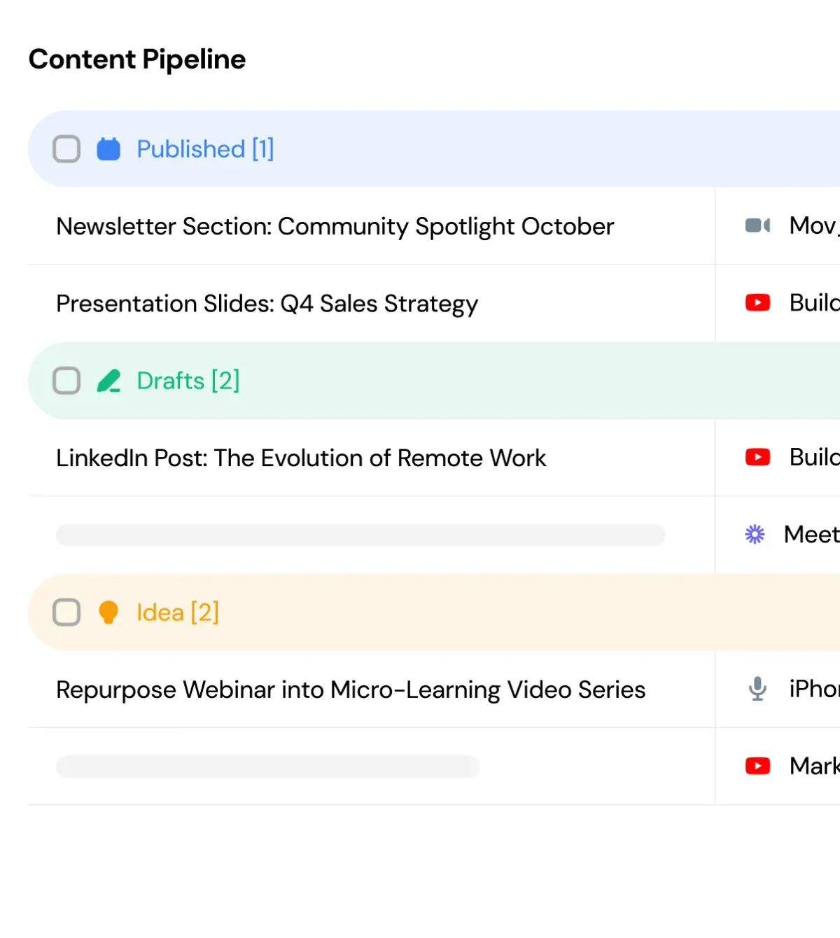 Castmagic content pipeline showing published, drafts, and idea content items with a clean, organized interface.