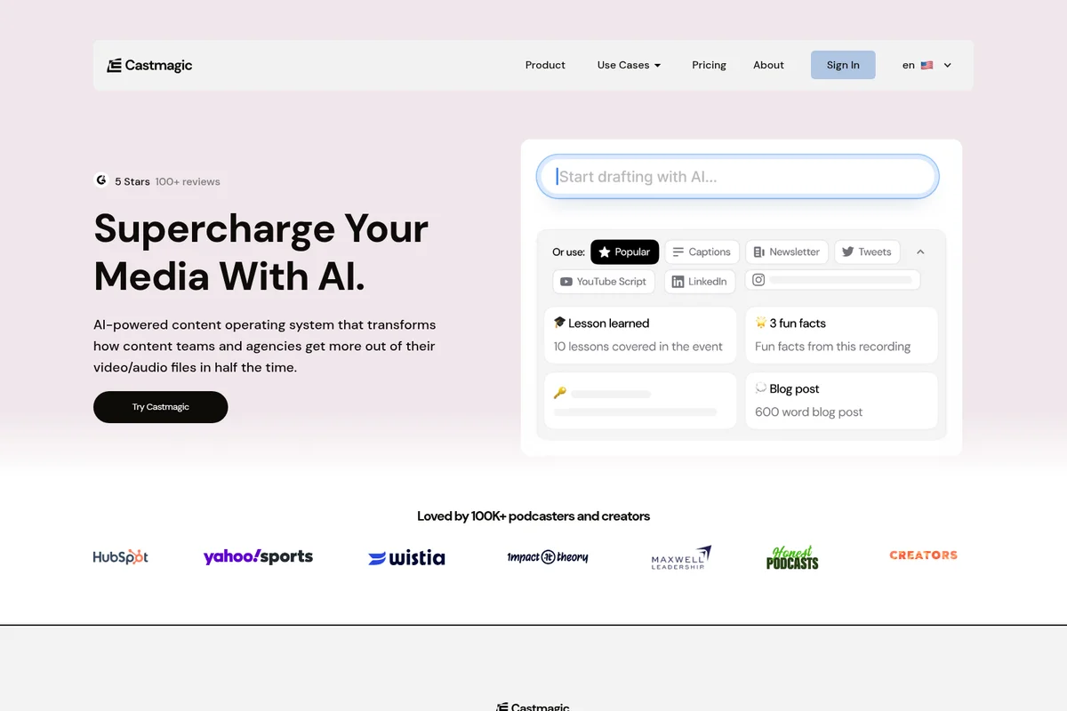 Castmagic homepage hero section showing an AI-powered media content drafting interface with a clean, modern UI.