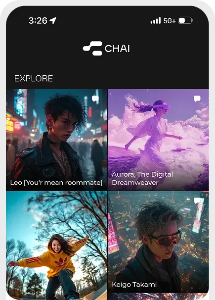 CHAI AI explore page displaying a grid of diverse AI characters for chat in a modern dark-mode interface.