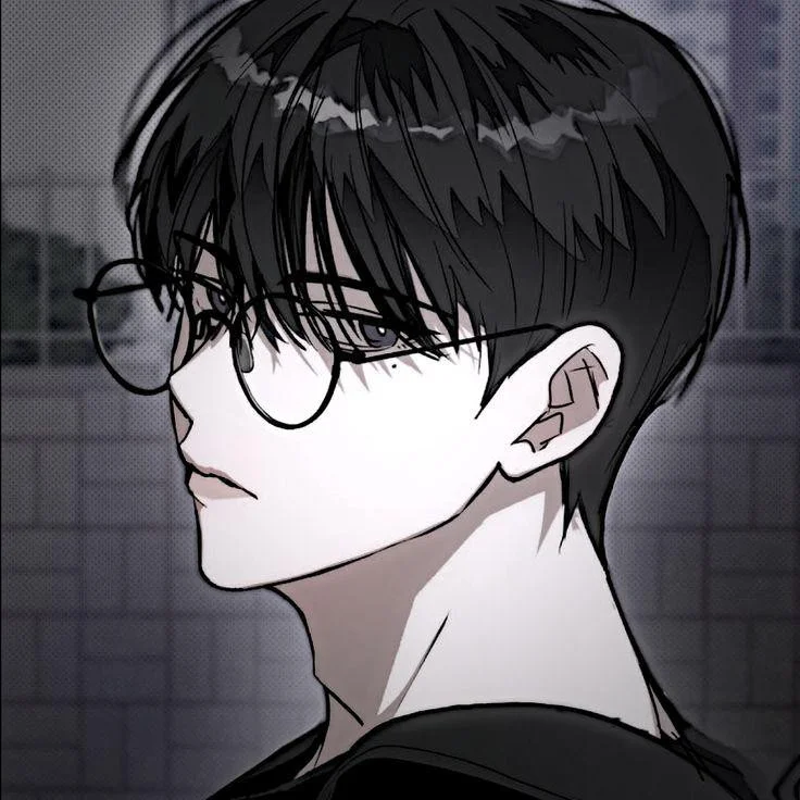 Chai-AI output sample showcasing an anime-style character portrait of a young man with glasses, rendered in a monochrome aesthetic.