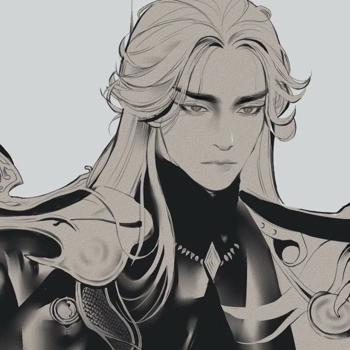 Chai AI character portrait showing a stylized fantasy male with long hair and elaborate armor in a grayscale aesthetic.