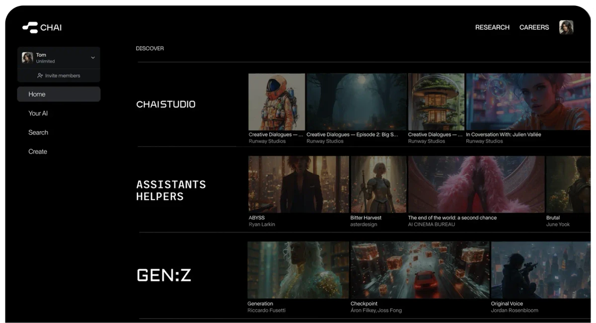 Chai AI workspace UI showcasing a content discovery gallery filled with diverse AI-generated images and a sleek dark-mode interface.