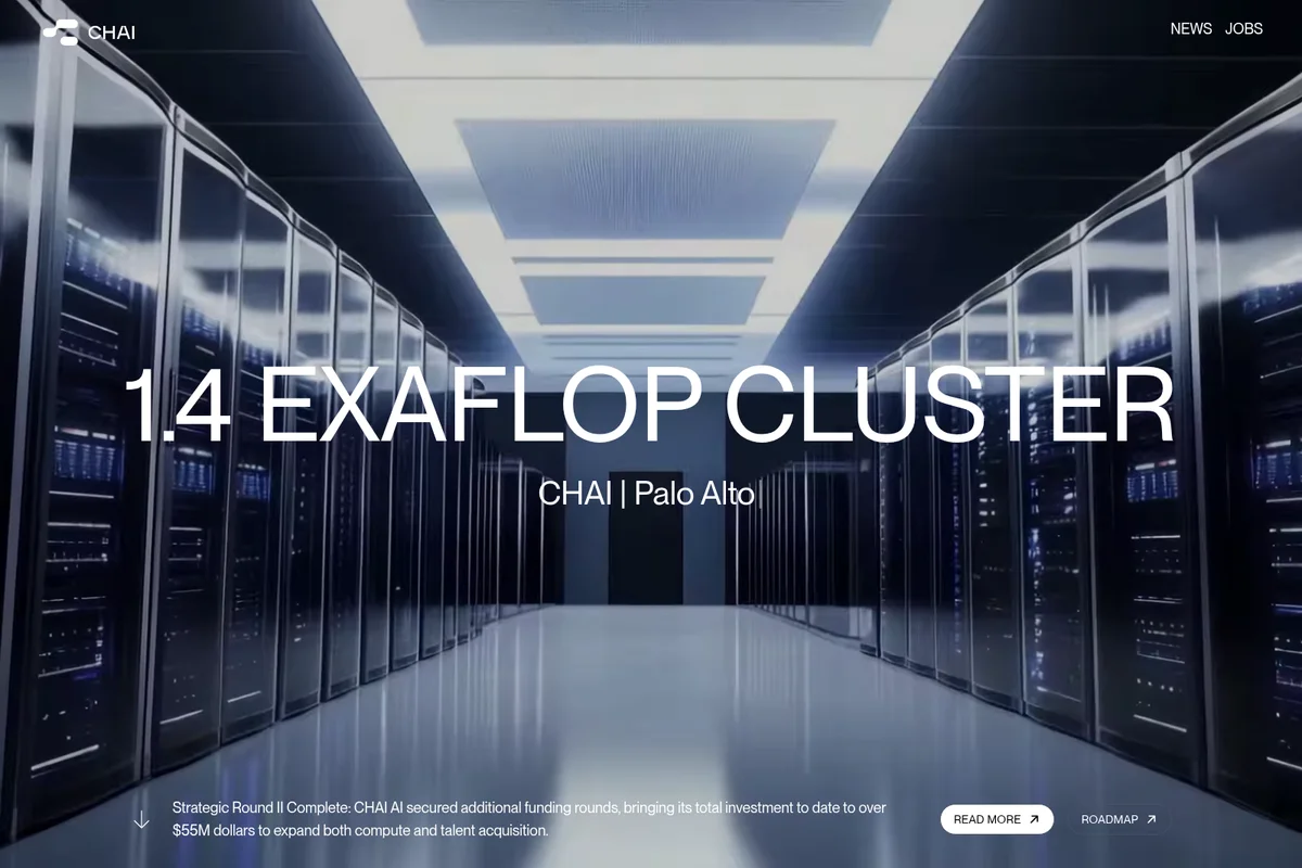 CHAI AI homepage hero displaying a 1.4 exaflop server cluster in a futuristic data center.