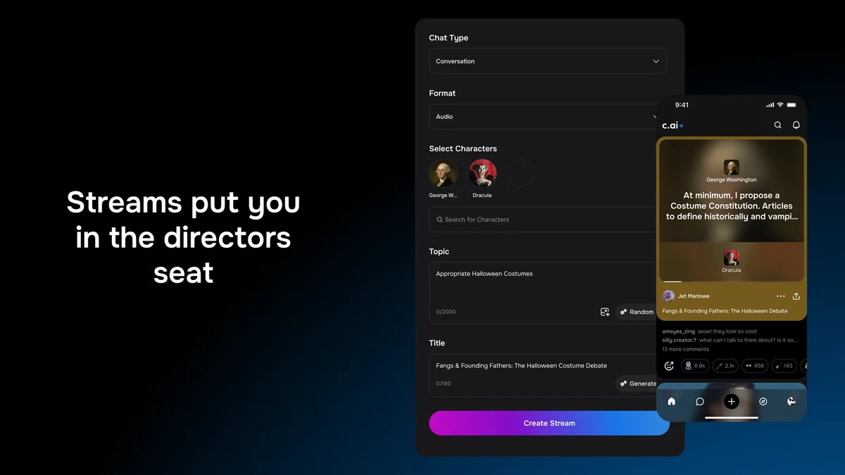 Character AI stream creation interface showing setup with George Washington and Dracula, and a live mobile conversation preview in a dark-mode UI.