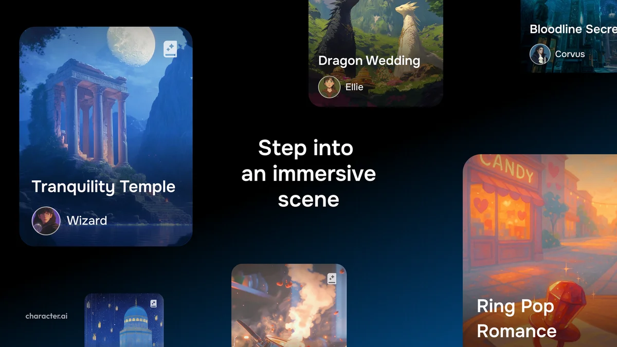Character.AI gallery page showcasing various AI-generated immersive scenes like Tranquility Temple and Dragon Wedding in a dark-themed UI.
