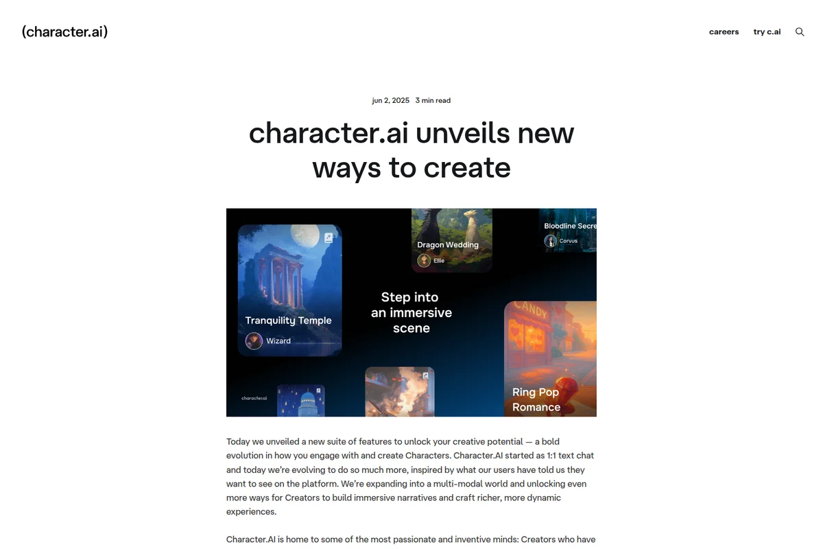 Character.AI feature deep-dive showing immersive scene creation with diverse generated environments in a multi-modal card layout.