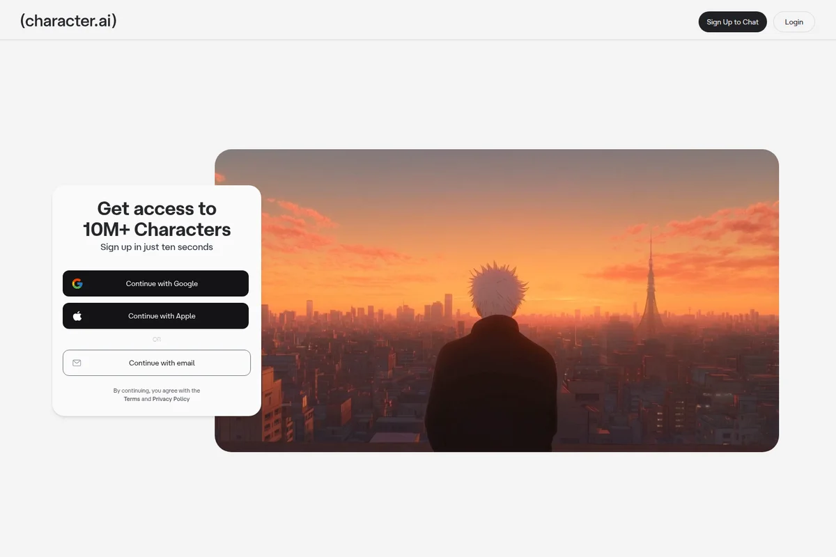 Character.ai homepage showing a sign-up modal over an anime cityscape at sunset.