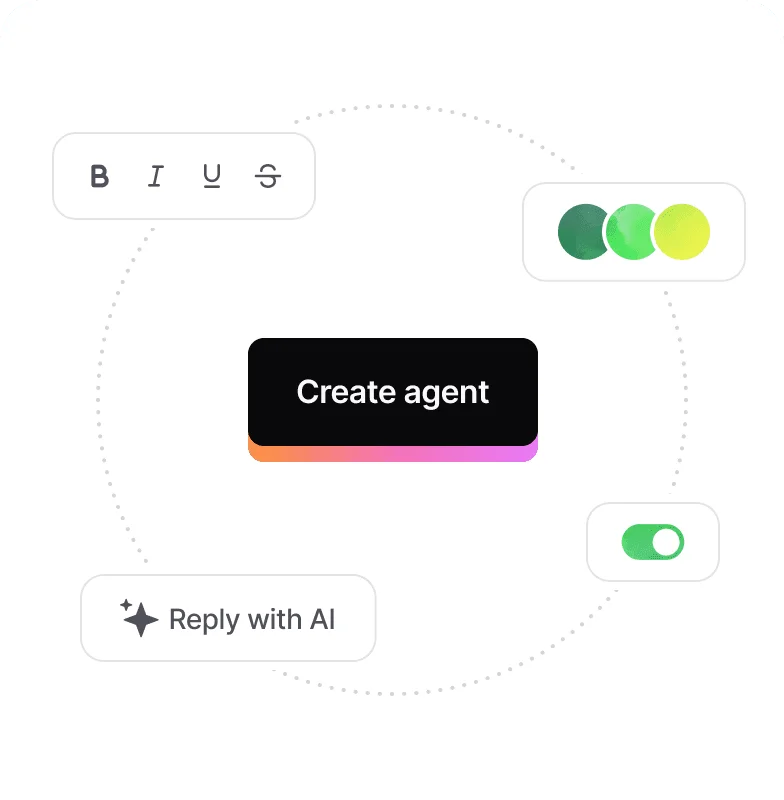 Chatbase agent creation workspace showing options for AI reply customization, text formatting, and theme colors.