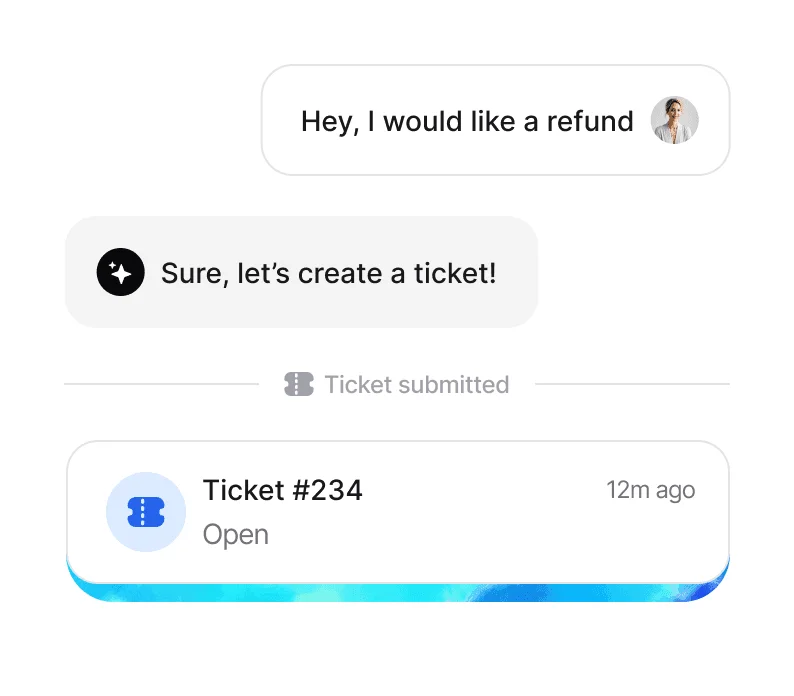 Chatbase workspace showing a user requesting a refund and the system creating a ticket with a clean, modern light-theme chat interface.