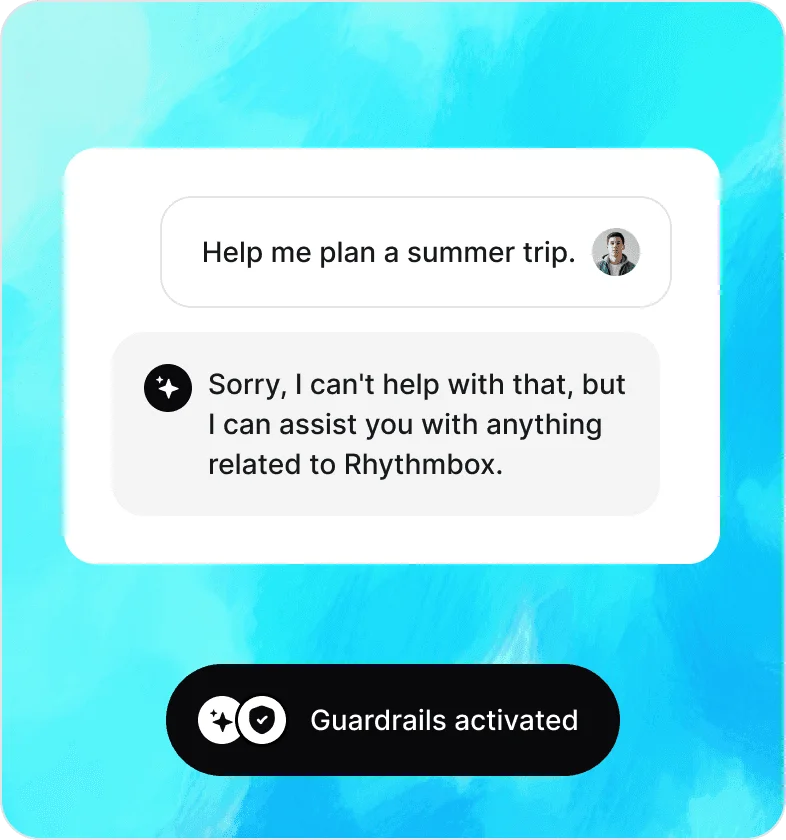 Chatbase workspace showing an AI chatbot conversation with guardrails activated in a clean, modern interface.