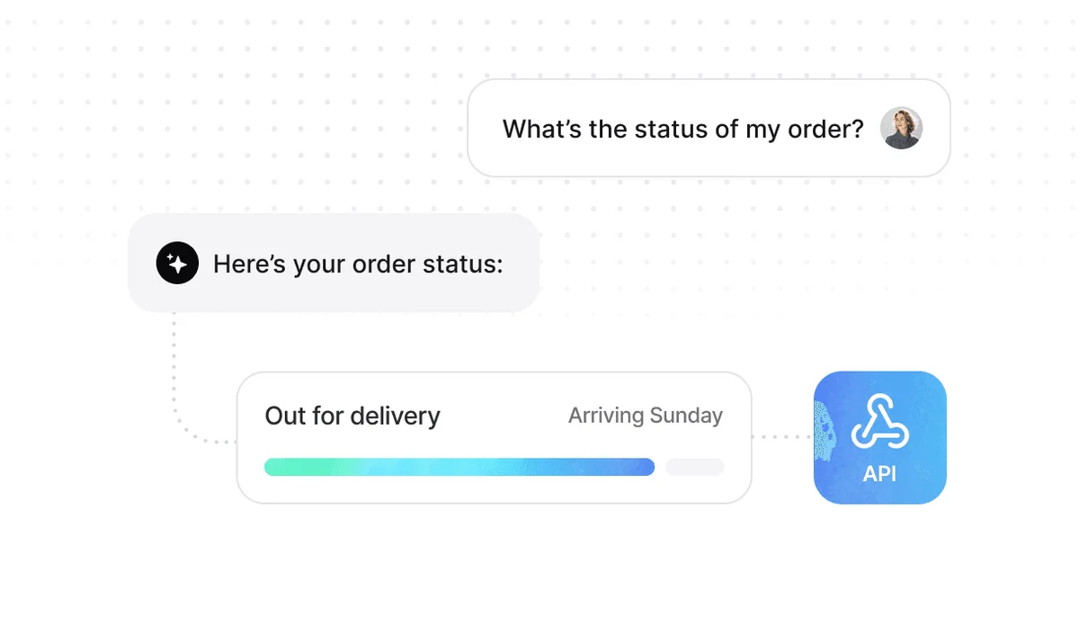 chatbase interface demonstrating order status lookup, showing user query, AI response, progress bar, and API integration icon.