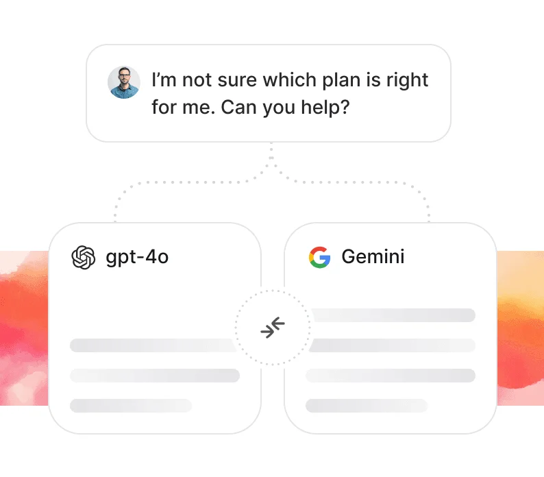 Chatbase AI chat interface showing a user asking for plan recommendations, with potential responses from GPT-4o and Gemini, highlighting multi-model comparison in a clean, modern design.