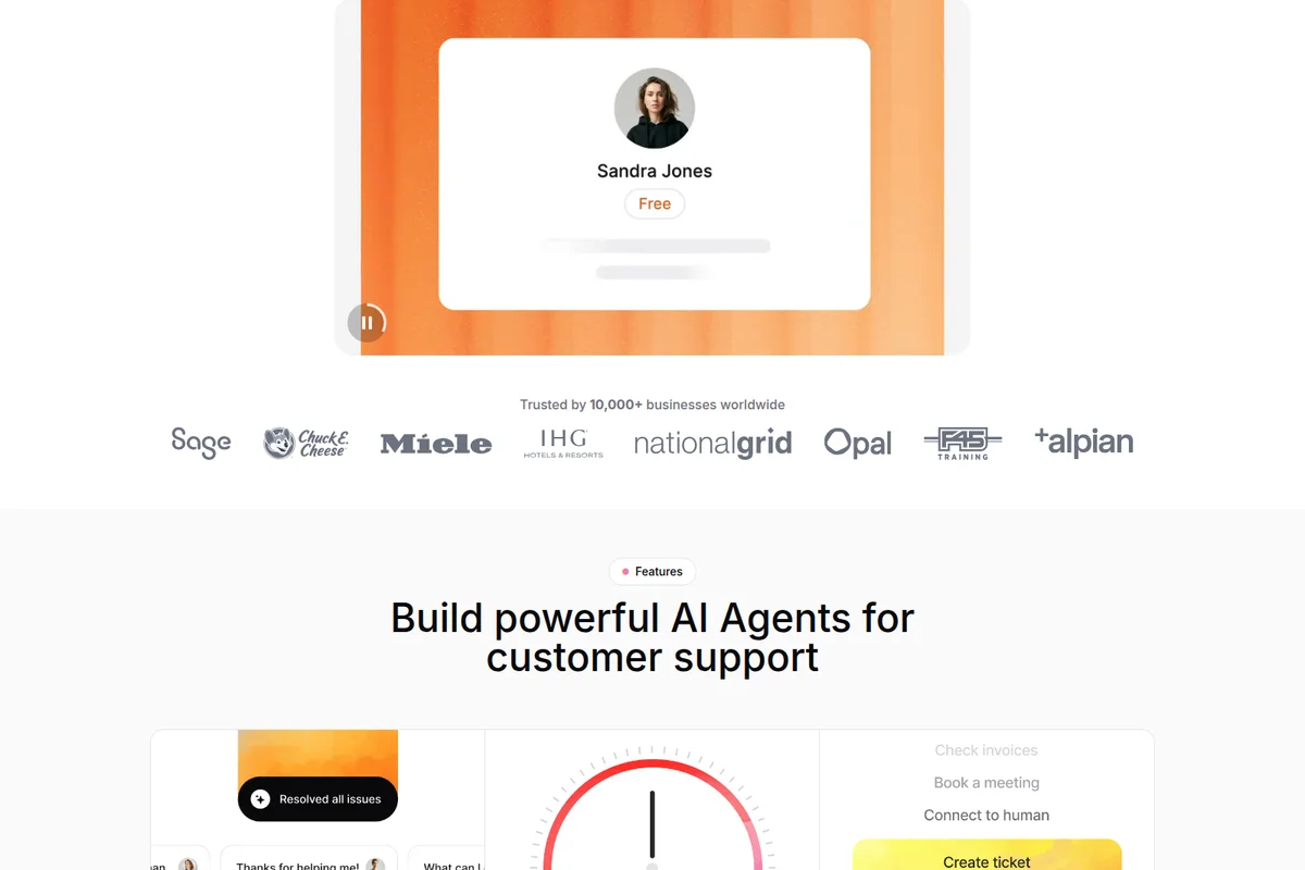 Chatbase landing hero displaying an AI agent profile for Sandra Jones and logos of businesses worldwide with a modern UI.