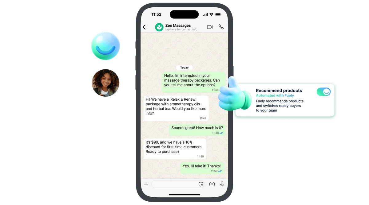 Chatfuel mobile chatbot interface showing an automated sales conversation with product recommendations by Fuely.