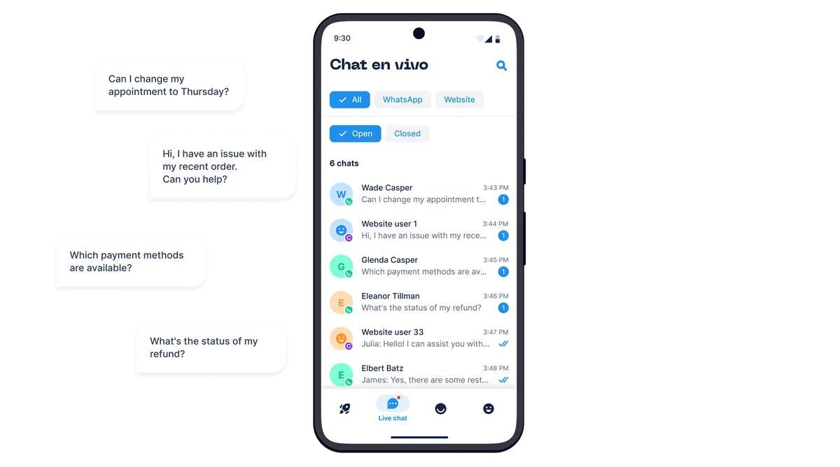 Chatfuel live chat workspace showing customer conversations and filtering options on a clean mobile interface.