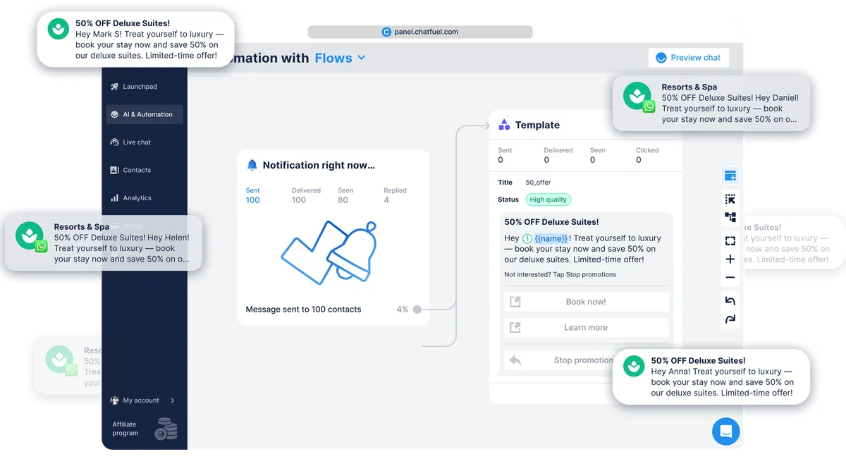 Chatfuel automation workspace showing a template editor for personalized WhatsApp messages with delivery previews in a clean, modern interface.