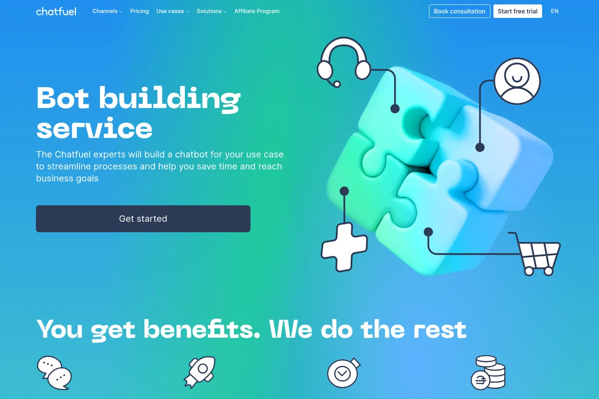 Chatfuel bot building service landing page featuring a 3D puzzle graphic symbolizing modular chatbot creation on a vibrant blue-green gradient.