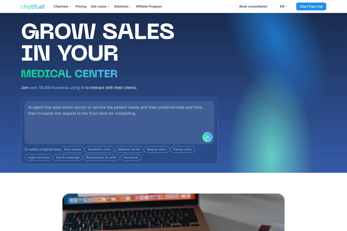 Chatfuel landing page hero showing an AI agent chat interface for medical center scheduling with a modern glassmorphism UI.