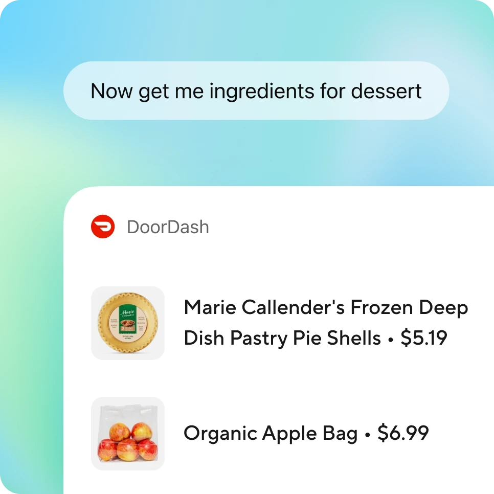 ChatGPT workspace UI showing a user requesting dessert ingredients and DoorDash product recommendations in a clean chat interface.