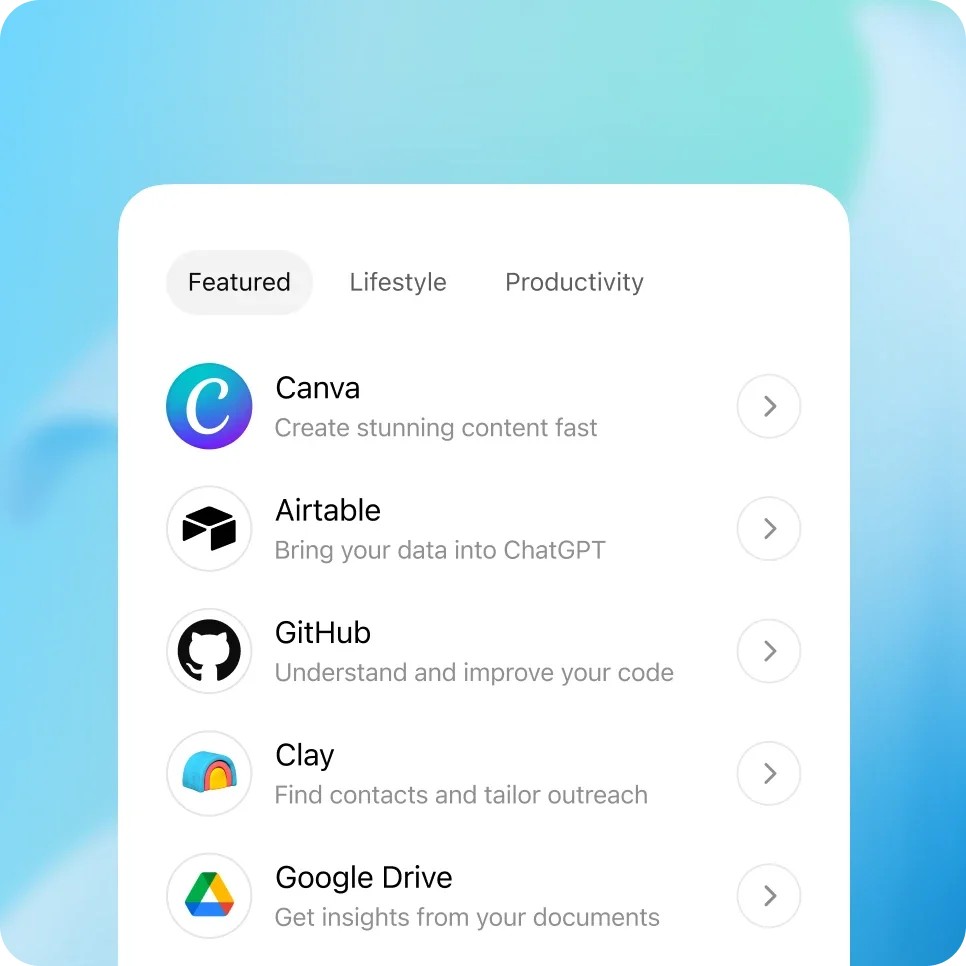 ChatGPT integration panel displaying featured plugins like Canva, Airtable, and GitHub with a clean, modern UI and blurred background.