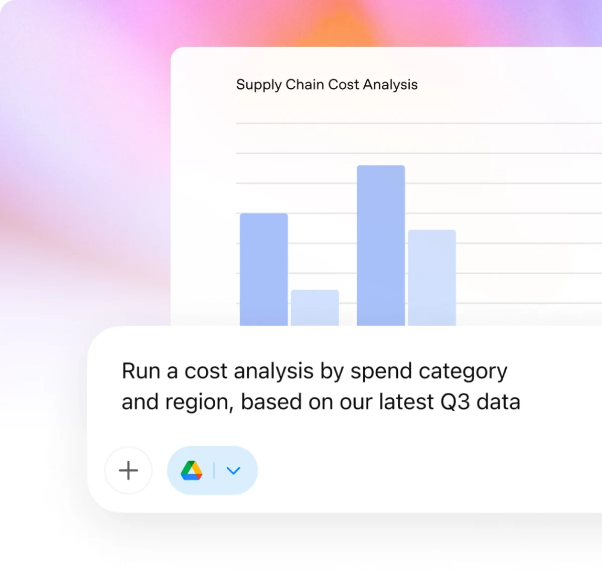ChatGPT analytics interface showing a supply chain cost analysis bar chart and prompt for detailed analysis.
