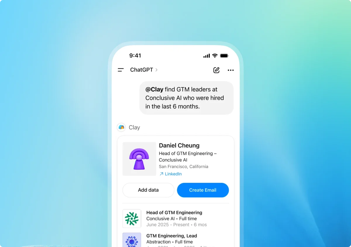 ChatGPT mobile chat interface showing results from a Clay integration query, displaying a GTM leader's profile with options to add data or create an email, set against a modern blue gradient.