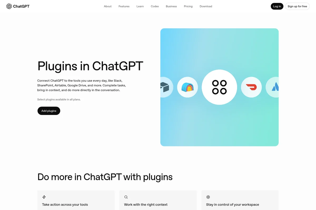 ChatGPT plugins feature page showing integration capabilities with popular apps on a clean, modern interface.