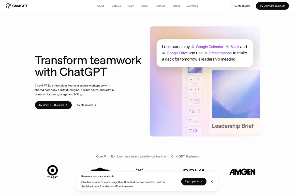 ChatGPT Business page showing AI integrating Google Calendar, Slack, Google Drive, and Presentations to create a 'Leadership Brief' with a modern glassmorphism design.