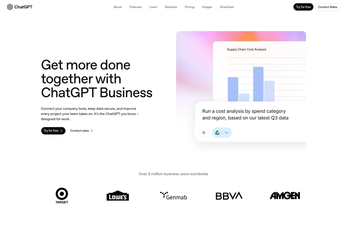 ChatGPT Business landing page showing a supply chain cost analysis dashboard with a clean, modern interface.