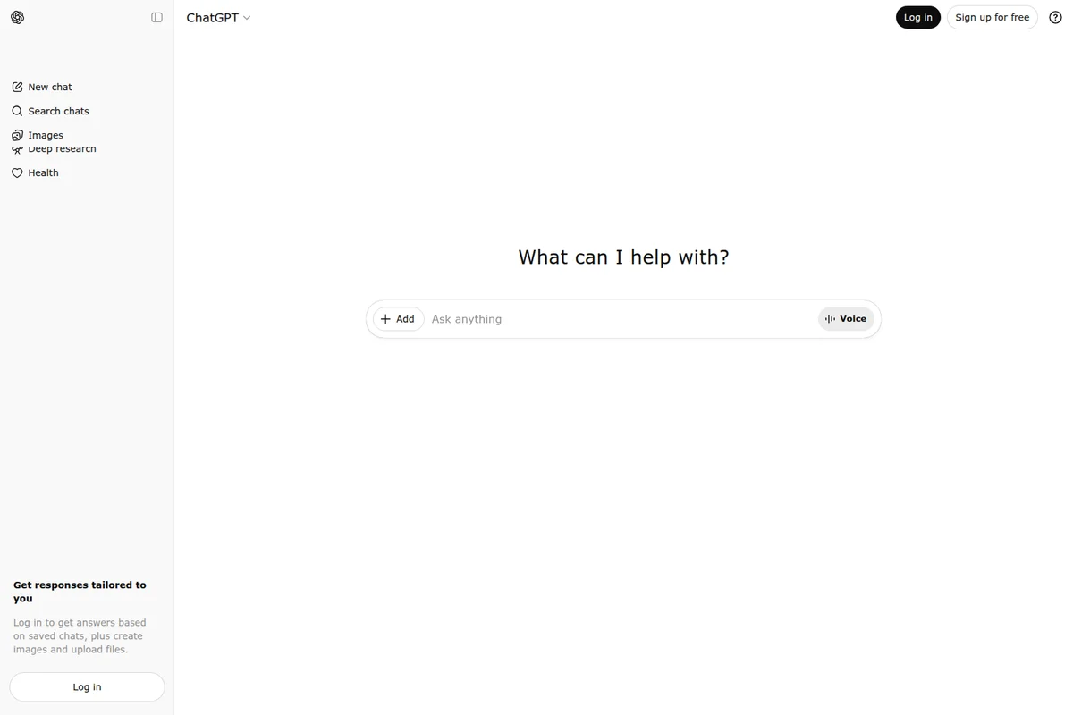 ChatGPT workspace showing the initial chat prompt in a clean, minimalist interface.