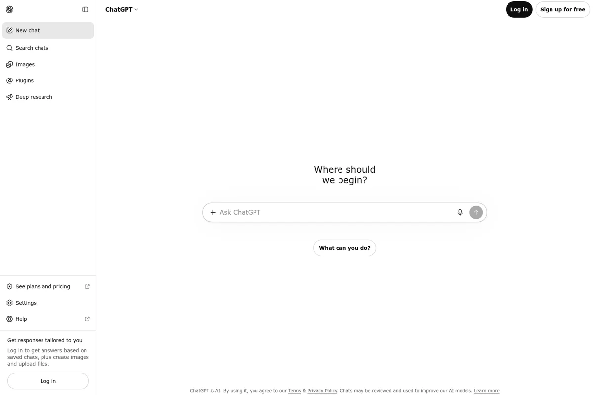 ChatGPT workspace UI showing a prompt to begin a new conversation in a clean light-themed aesthetic.