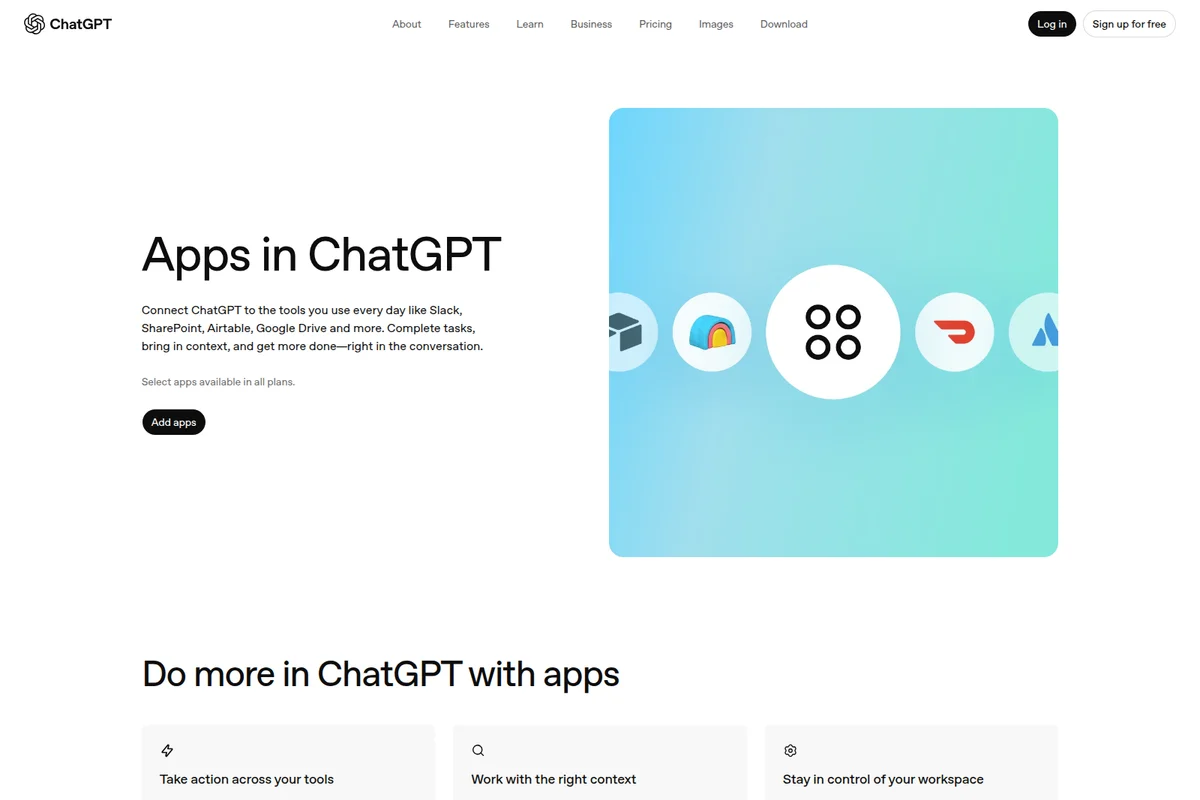 ChatGPT integration panel showing connections to various apps like Slack, SharePoint, and Google Drive with modern 3D icons on a soft gradient background.